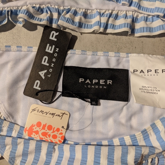 NWT Free People x Paper Blue White Striped Ruffle Bikini, L / XL - Picture 10 of 15